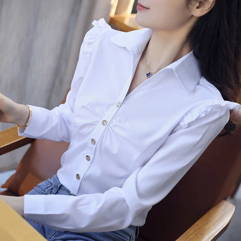 

XXXL Spring Summer Women's Office Lady Formal Party Autumn Long Sleeve Ruffled Neck Slim Blouse Casual Solid White Shirt Tops