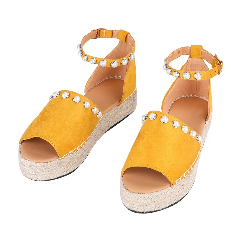 

2020 Summer Sweet Pearl Platform Wedges Sandals For Women Comfort Fish Mouth Weave Female Causal High Heels Open Toe Chaussures
