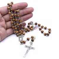 trendy handmade style pine round bead rosary chain cross pendant necklace religious accessories choker unisex jewelry