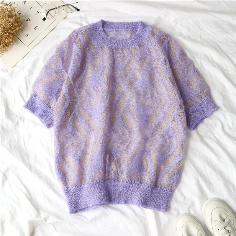 purple Neploe яркие открытые женские футболки лето новые футболки с круглым вырезом и коротким рукавом повседневные трикотажные женские Топы 44382 - Цвет: purple
