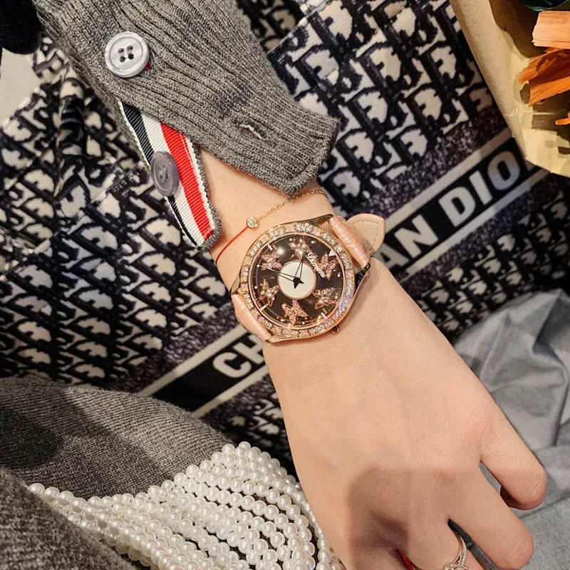 2020 Топ прекрасный спиннинг кристалл бабочка часы для женщин водонепроницаемый