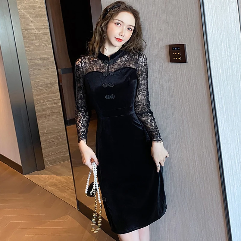 Женское кружевное платье-карандаш средней длины элегантное бархатное черное