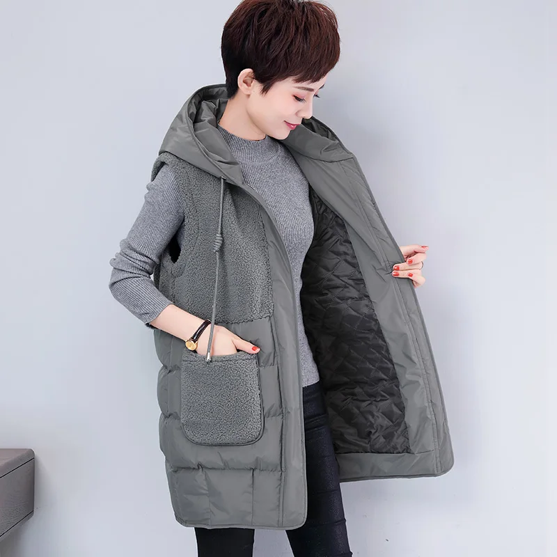 Женский хлопковый жилет средней длины зимний размера плюс шерстяная стеганая