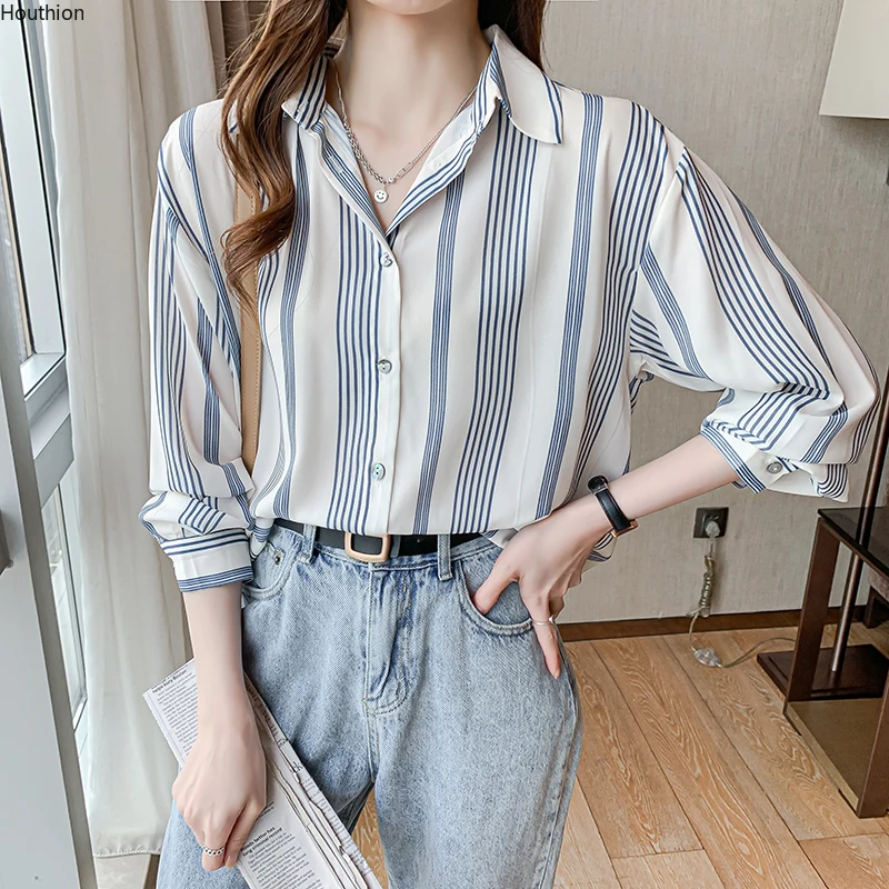 

Print Striped Women's Blouse Casual Polo Girl's Shirt New Korean Loose Lady Blusas Chiffon Plus Size Long Sleeve Houthion