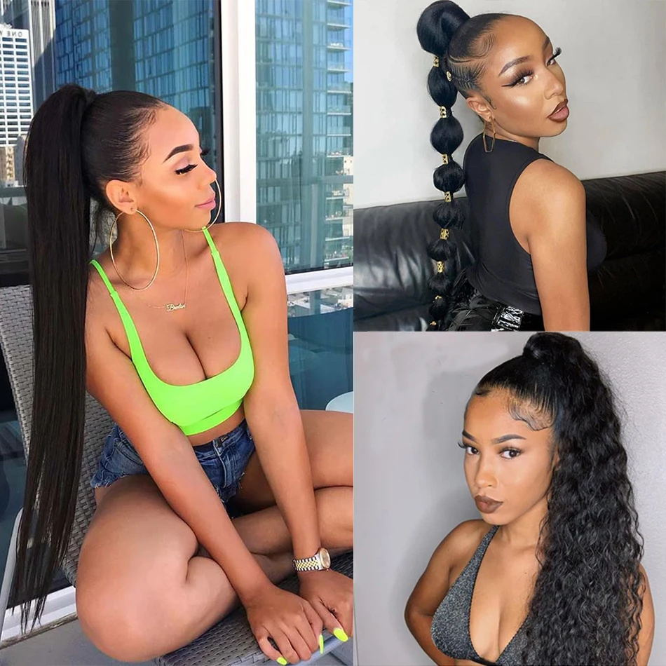 

Straight 8-28 Inch Long Ponytail Human Hair Extensions Wrap Around Clip Natural Color Bralizian Remy Hair Pony Tail For Women