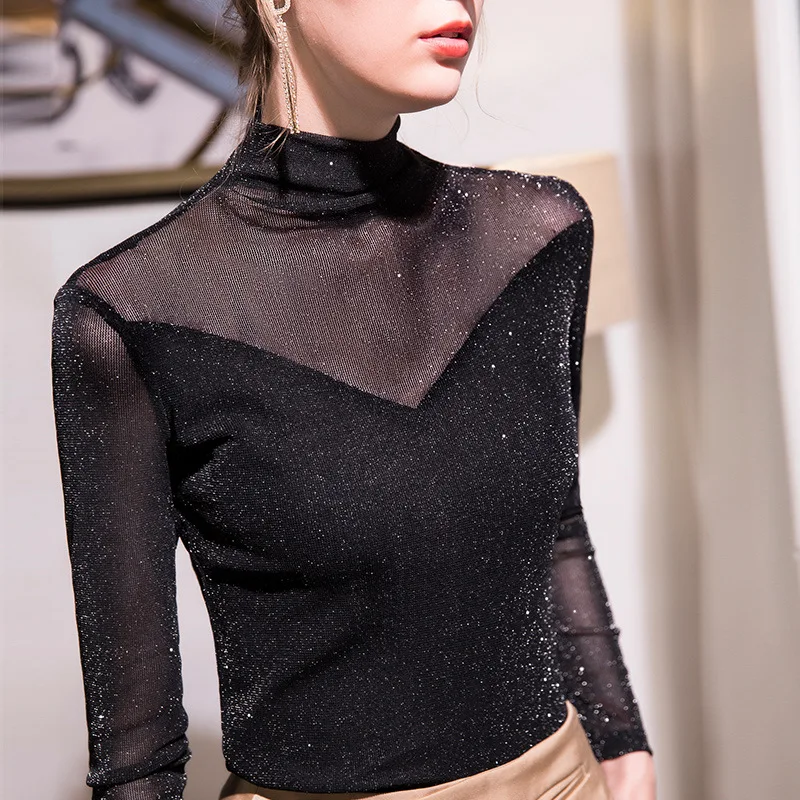 

High collar net bottomed shirt with long sleeve T-shirt in autumn and winter