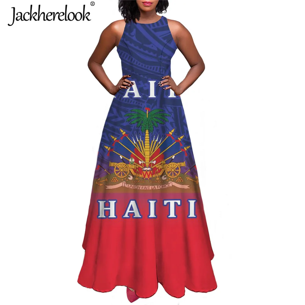 Jackherelook سوار بنمط علم هاييتي العلامة التجارية تصميم المرأة الصيف الربيع فستان ماكسي السيدات مثير فستان الشمس عادية أكمام طويلة فساتين Mujer