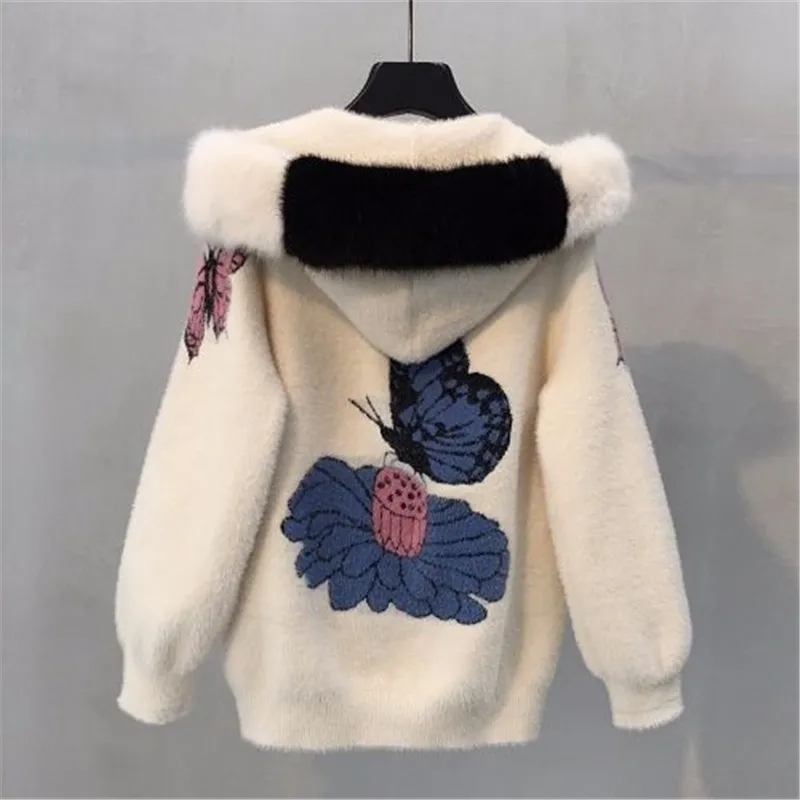 Скидка 2021 женская Норковая Меховая куртка Осень и Зима Женское пальто свободный вышитый толстый бархатный свитер с капюшоном женский кардиган