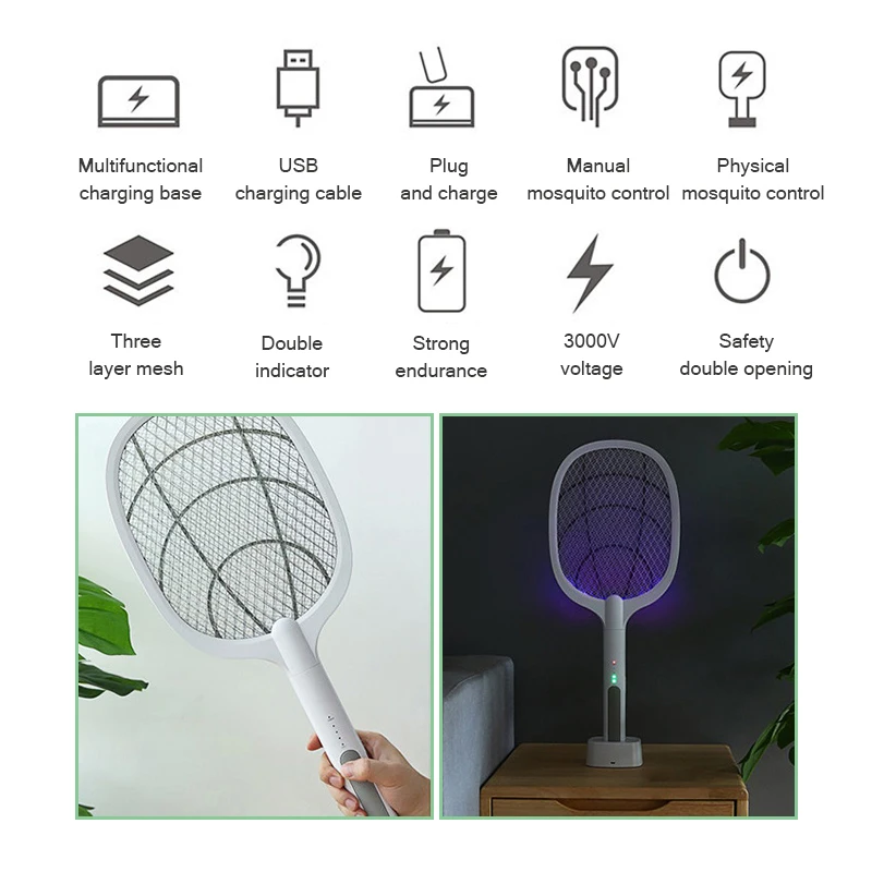 

3000V Electric Mosquito Killer With UV Lamp USB 1200mAh Rechargeable Bug Zapper Summer Fly Swatter Trap Home Bug Insect Racket