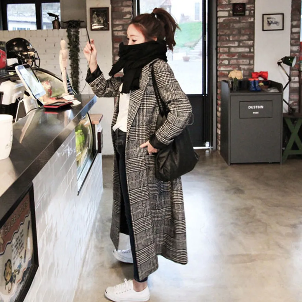 Женское длинное клетчатое пальто SAGACE свободное шерстяное в корейском офисном