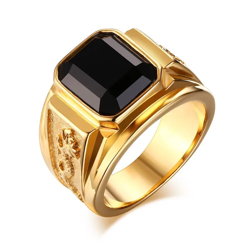 Vintage Fashion Gold/silver Color Big Red Black Green Blue Stone Square Gold Alloy Men Ring Engraved Dragon Male Rings |