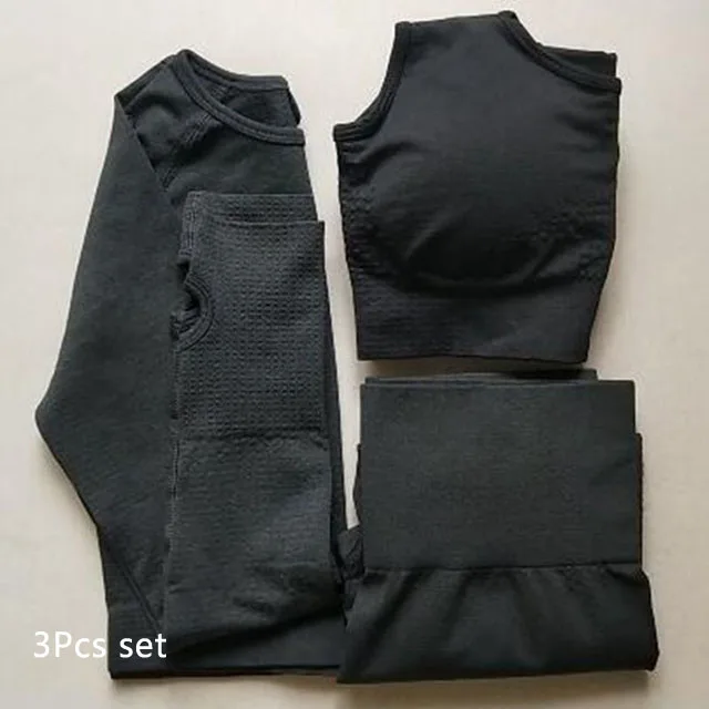 Black 3Pcs set Комплект для йоги из 3 предметов, бесшовные леггинсы+ спортивный бюстгальтер+ укороченный топ с длинными рукавами, женская одежда для зала и бега, спортивный костюм для фитнеса с высокой талией - Цвет: Black 3Pcs set