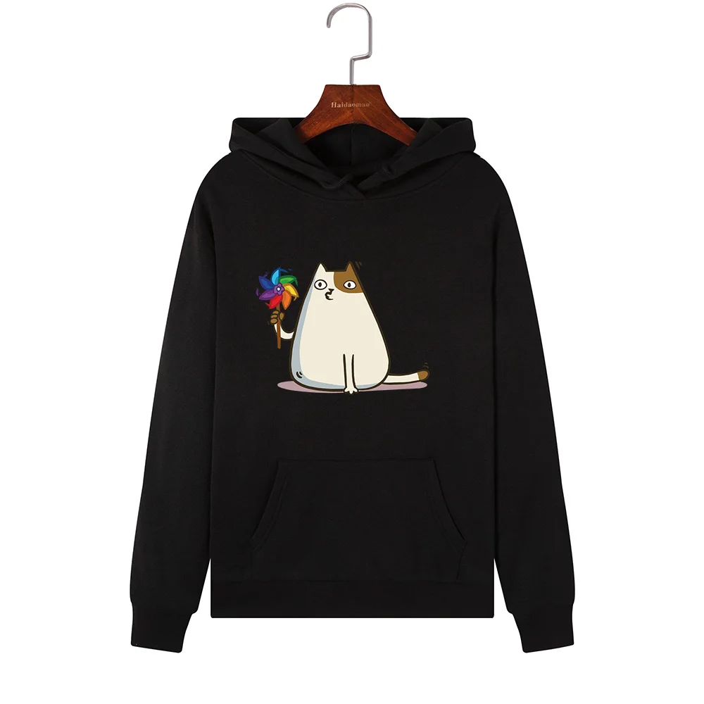 

Women Hoodies Sweatshirts Hooded Sweatshirt Cat Playing with Windmill Print Autumn Winter Pullover Female Hoodie Tops Clothes