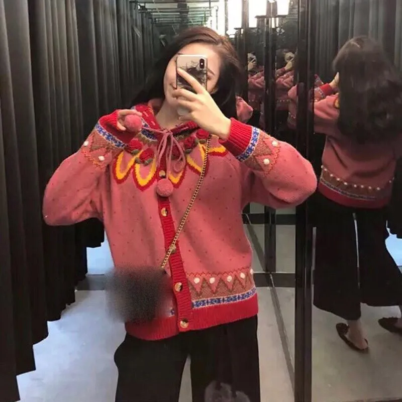 2019 Casual Hooded Single-Breasted Cardigan Cardigans Geometric Pattern Polka Dot Sweater Sweet Hand Hook 3D Flowers |