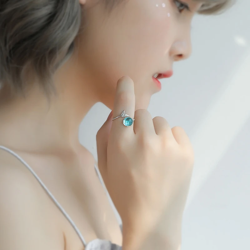 Оптовая продажа серебристые открытые кольца с синим кристаллом в форме русалки