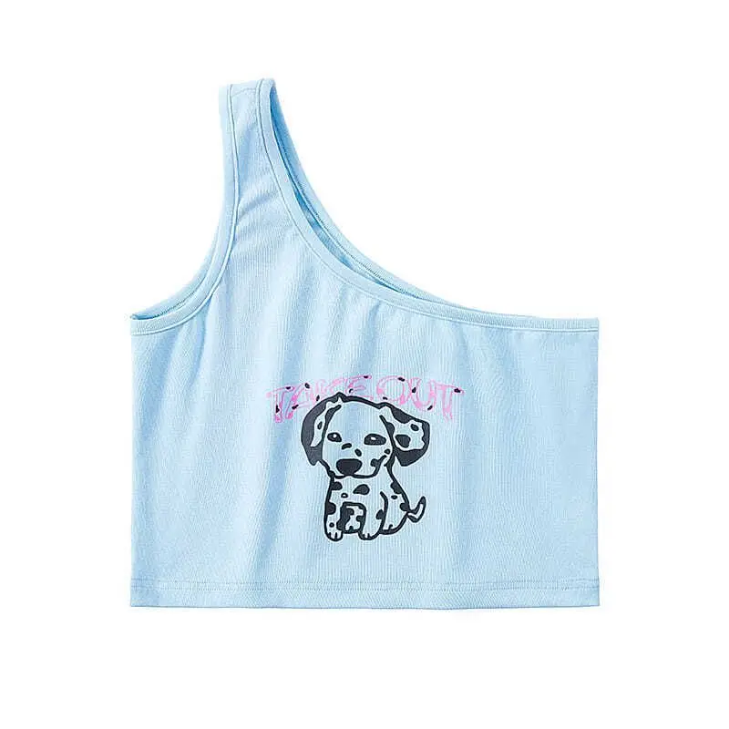 

Puppy cartoon pattern print one-shoulder blue camisole tank top summer women short cropped top Korean kawaii y2k sleeveless vest