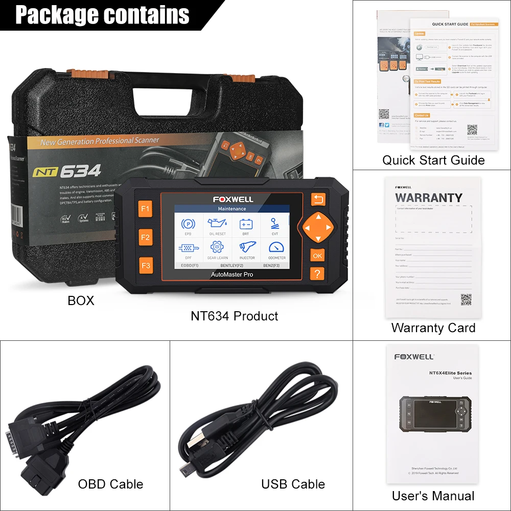 Автомобильный сканер Foxwell NT634 OBD2 четыре системы CVT EPB TPMS DPF сброс масляного