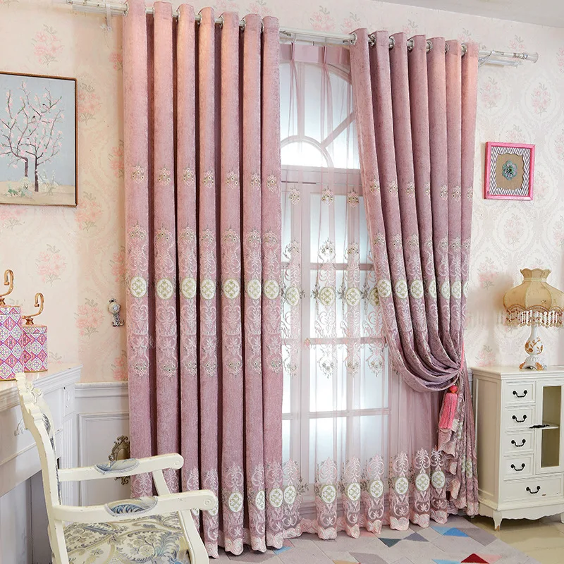 Шторы розовые в европейском стиле простые шенильные занавески с вышивкой для