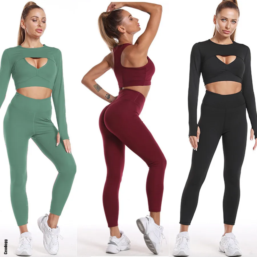 

1/2/3Pcs Gym Women Yoga Set Sport Long Sleeve Crop Tops High Waist Scrunch Leggings Pant Workout Set Women Outfits Suits