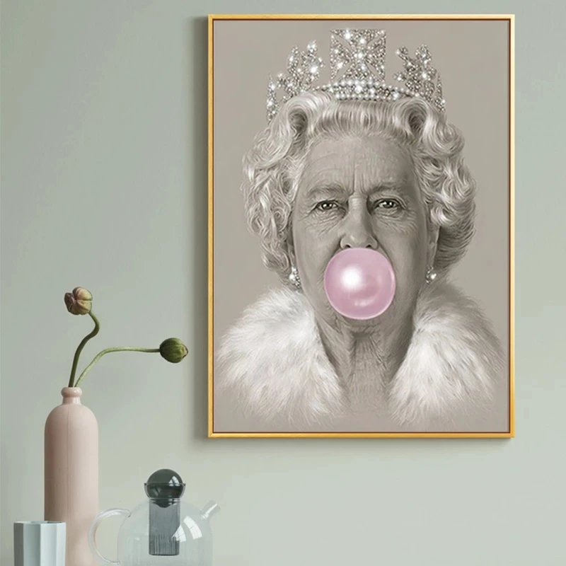 

Elizabeth II Portrait Bubblegum Queen Posters and Print Canvas Painting Cuadros Blowing Bubbles Wall Art Picture for Living Room
