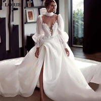 lorie princess wedding dresses puff long sleeve a line lace bride dresses side split white ivory wedding ball gown