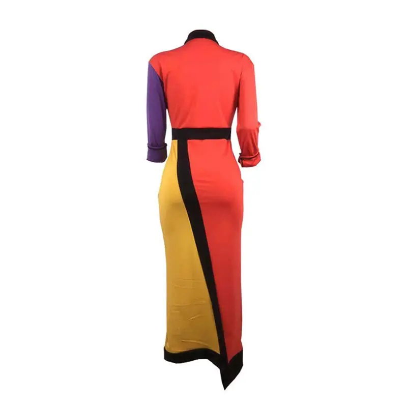 2019 Мода в цветных блоках полосатый Облегающая рубашка платье женское винтажное