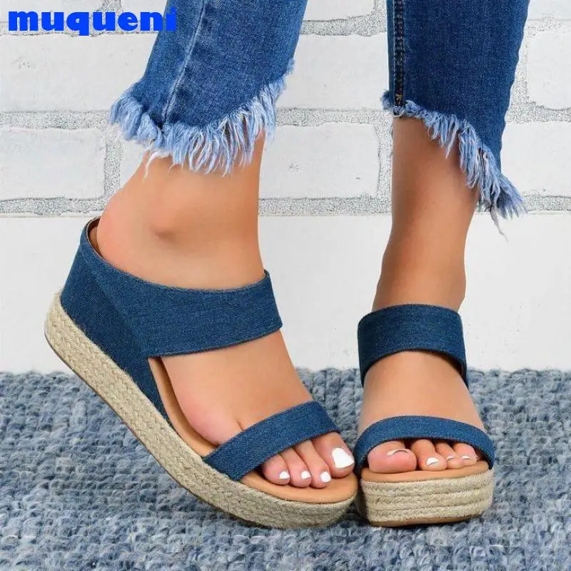 

Women's shoes new summer ladies open toe breathable beach sandals straw casual slope with beach shoes flip-flops