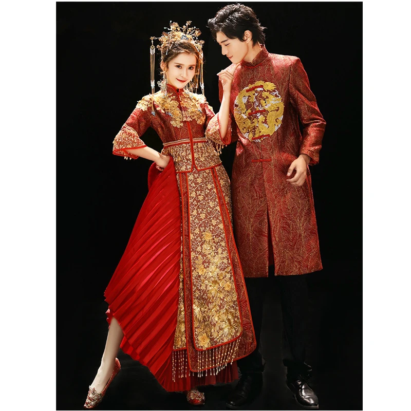 Classic Vintage High-quality Chinese Traditional Wedding Cheongsam Dress Refined Banquet Stylish Elegant Bride китайская одежда