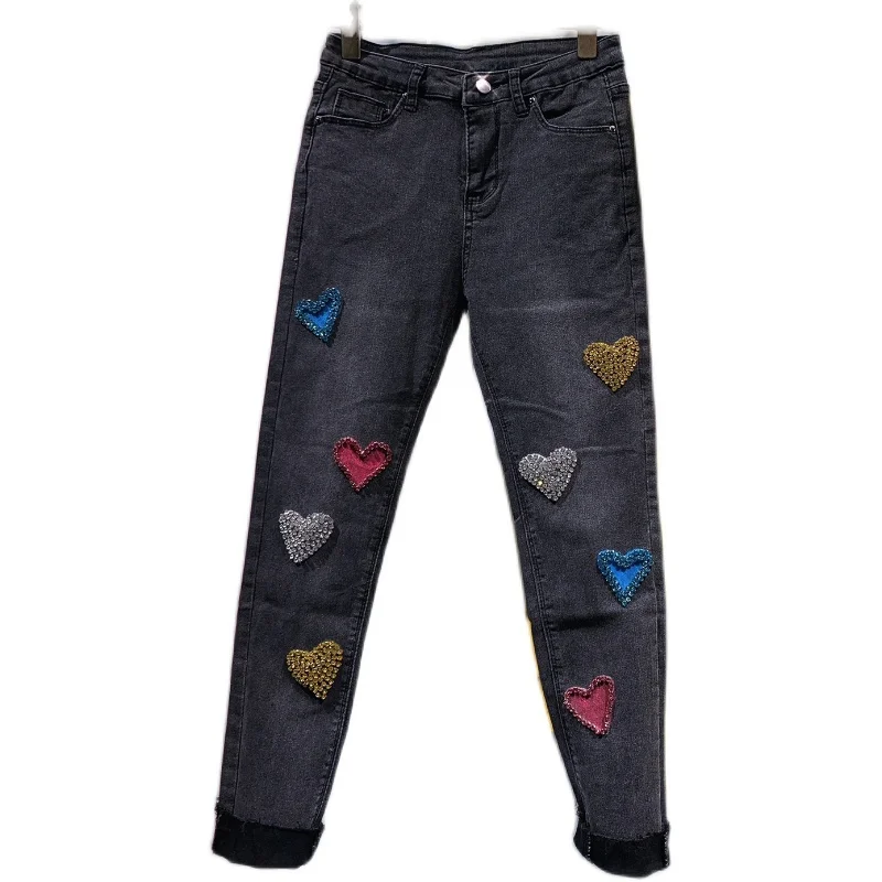 Women Jeans 2022 Spring Heart Beaded Streetwear High Waist Denim Jeans Casual Women Clothing Pencil Pants