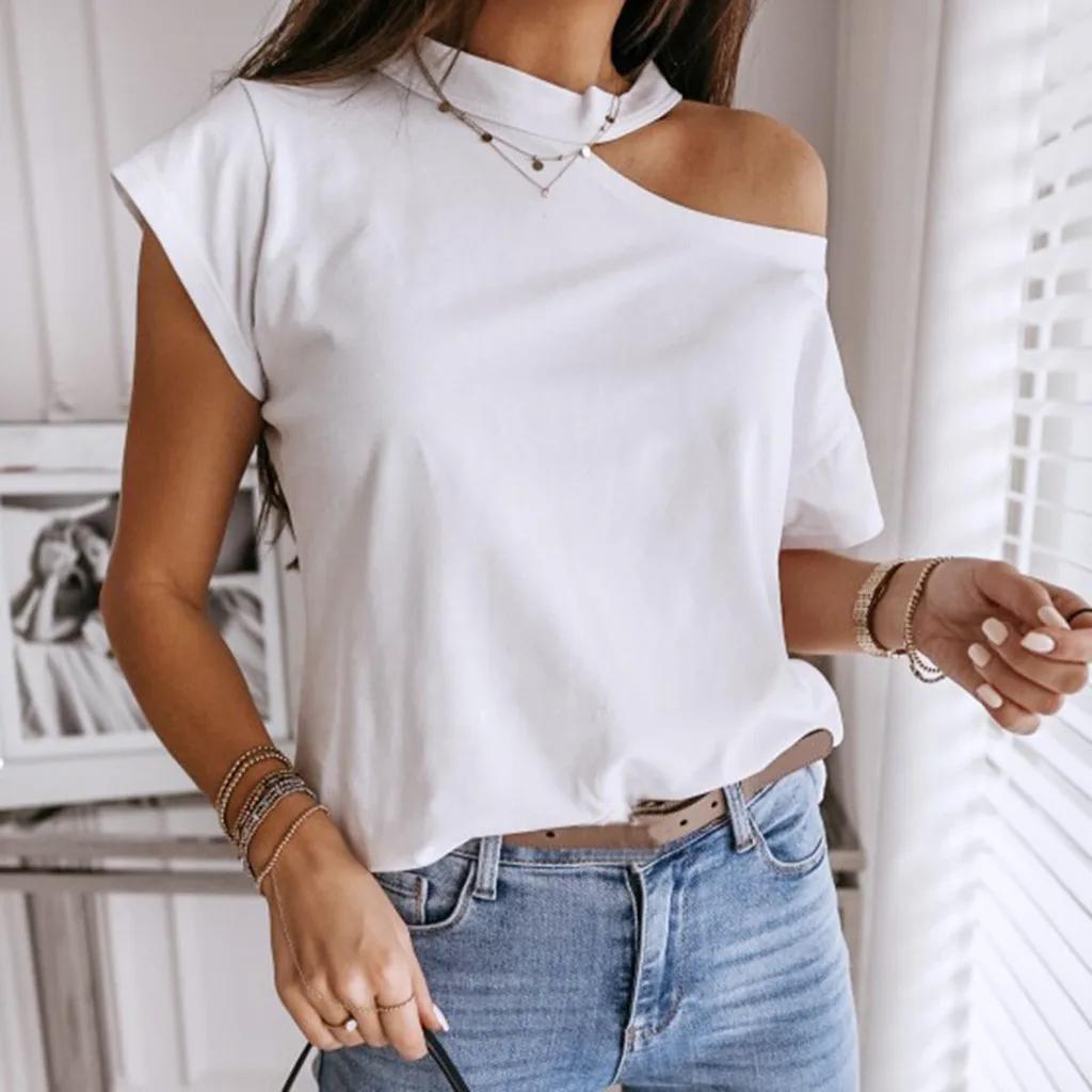 Футболка женская с открытыми плечами пикантный однотонный топ круглым вырезом и