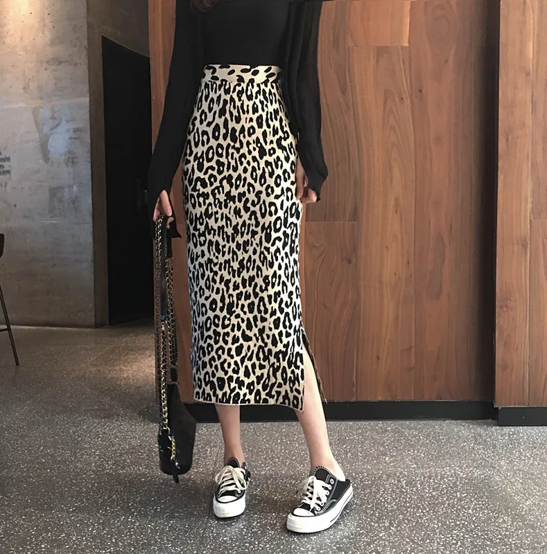 

2020 new autumn and winter long slit hair knit leopard skirt female high waist knit skirt