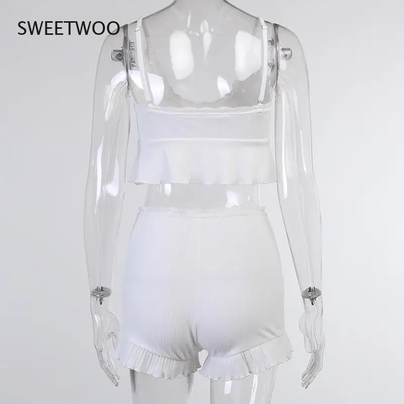 

Summer Women's White Lace Knitted Ruffle Shorts and Short Top Two-Piece Women's Homewear Cute Sexy Matching Set