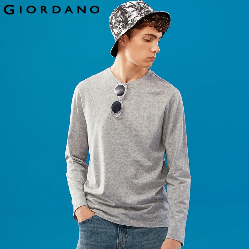 Giordano мужская футболка с круглым воротом и длинными рукавами из натурального хлопка, выполнена в множестве цветовых решений