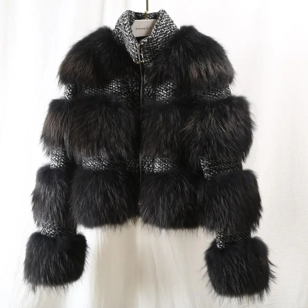 black winter jacket women parka real fur coat natural raccoon fur collar woolen coat bomber jacket korean streetwear new - Цвет: black