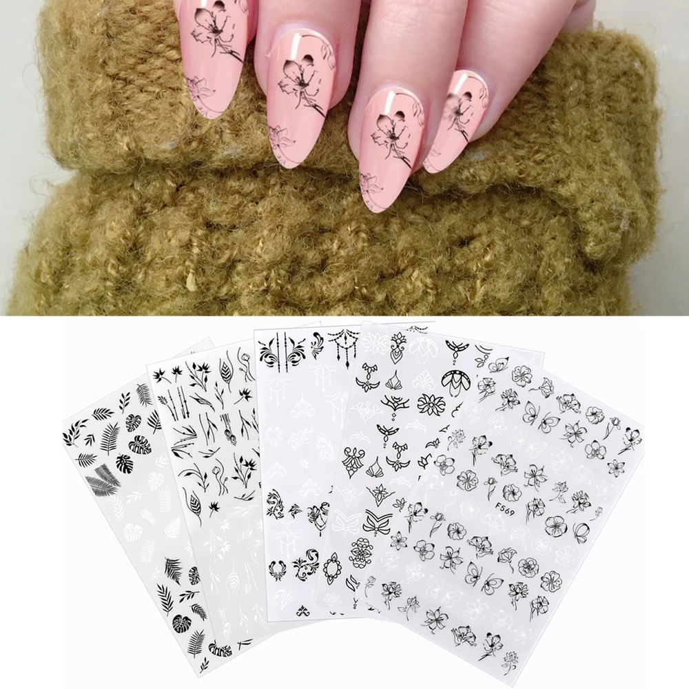 

1 Sheet Black and White Style Nail Art Decoration Transfer Sticker Flower Leave Geometry Series Nail Adhesive Decals Accessories
