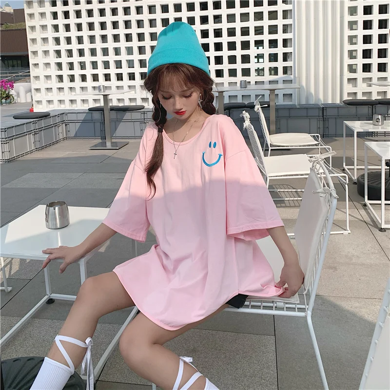 

XZ338 2021 summer new casual loose U-neck embroidered smiling face cotton T-shirt women