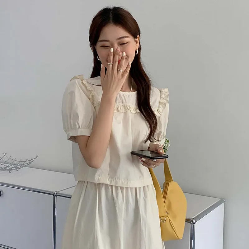 

Alien Kitty 2021 New Summer Female Two-Piece Sets O Neck Tie Puff Sleeve Apricot Shirt Gentle Casual Loose A-Line Hot Skirt