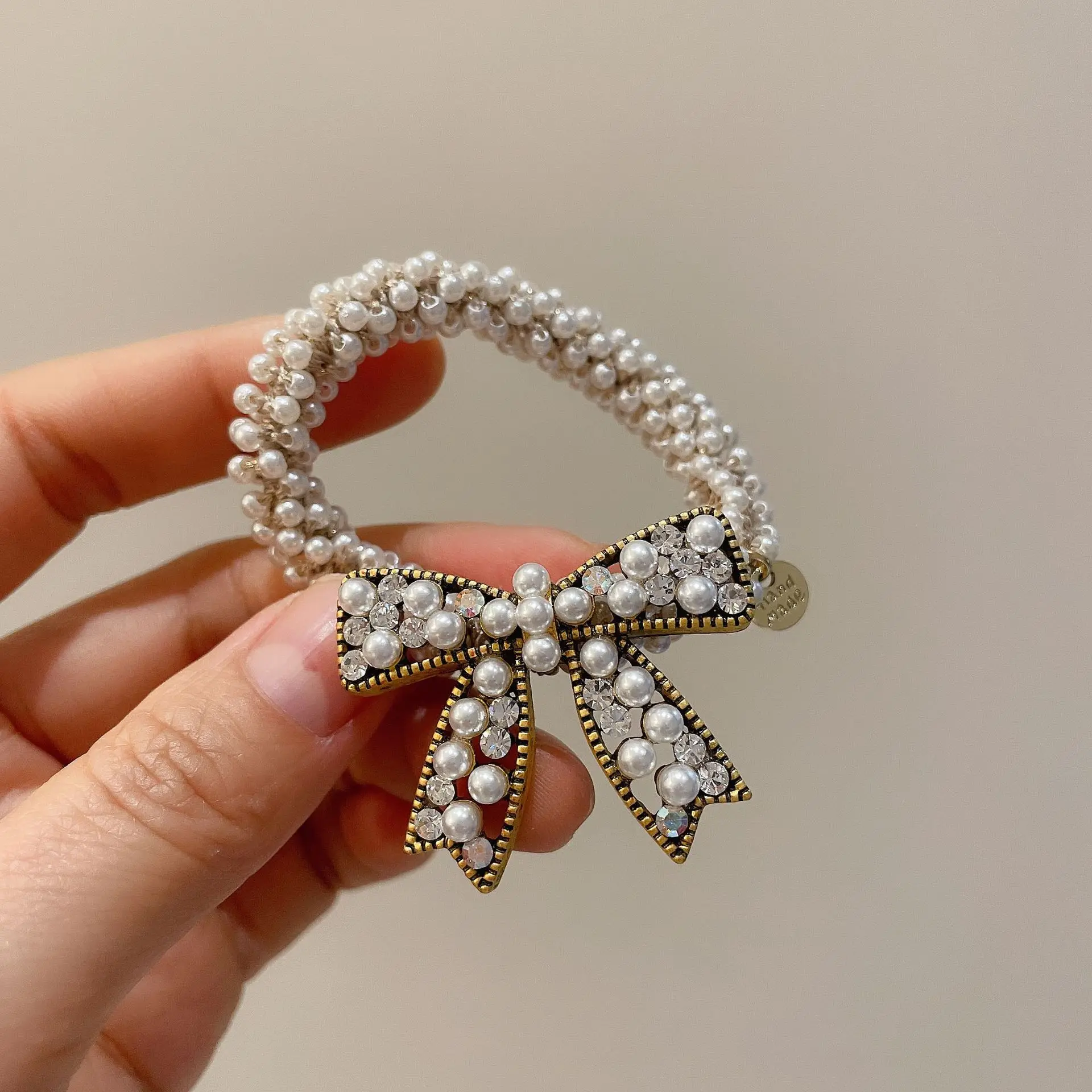

Metal Rhinestone Bowknot Hair Ties for Women Sweet Elastic Pearl Hair Rubber Bands