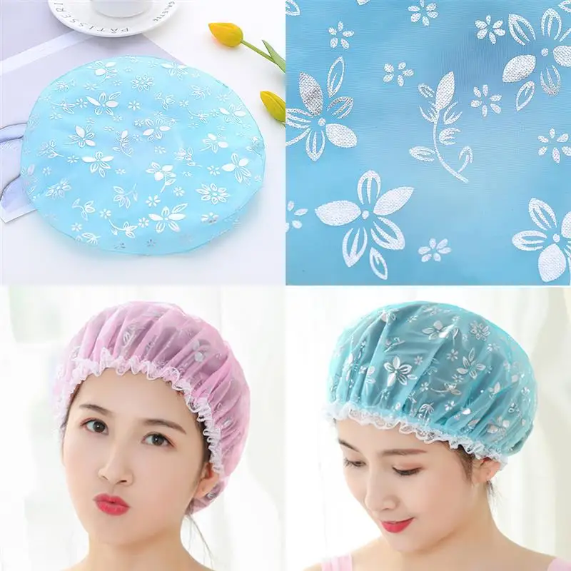 

2PCS Shower Cap Waterproof Elastic Double Layers Bath Cap Shower Hat for Women