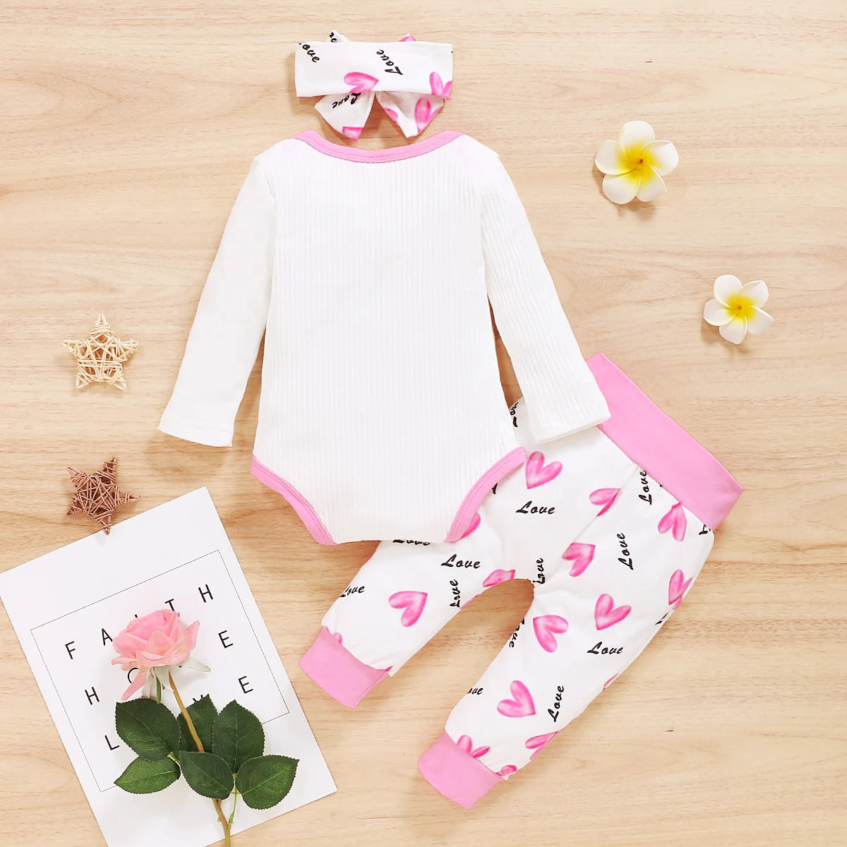 

3 Piece Autumn Newborn Baby Girls 0-18M Clothes Special Letter Long Sleeve Jumpsuit and Love Heart Long Pants with Headband