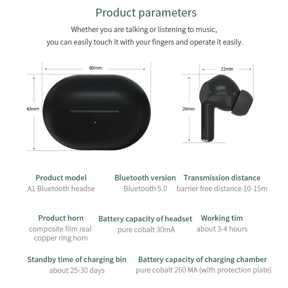 

True Stereo Chip A1 TWS Bluetooth 5.0 Wireless In-ear Earphones HiFi Earbuds with Charging Box ABS Material Phone Accessorries