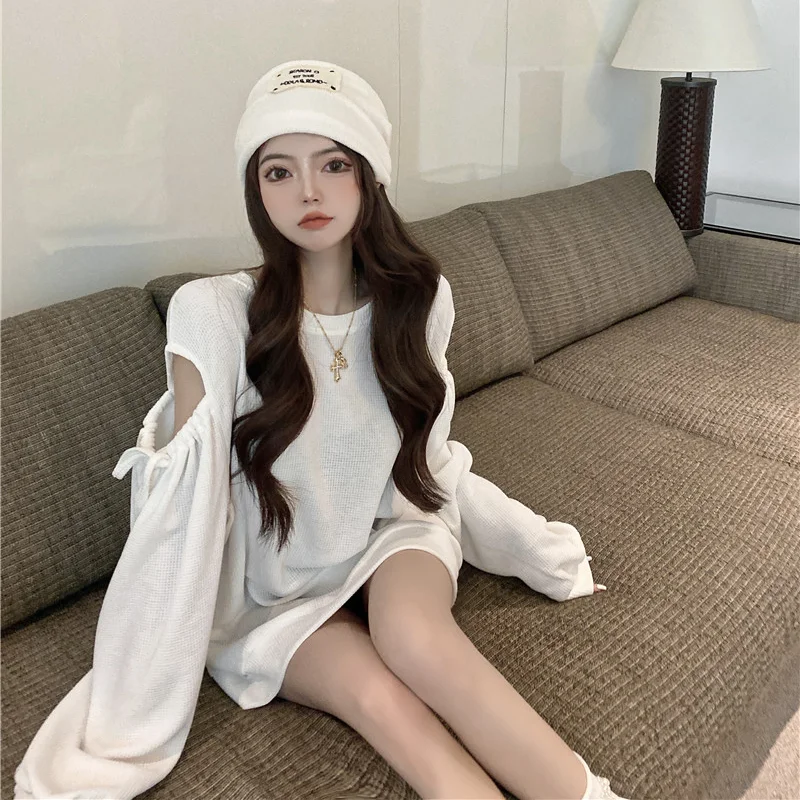

2021 Early autumn Women's Clothing new loose hoodies Solid color Drawstring Hollow out Mid-length Korean style Casual sweatshirt