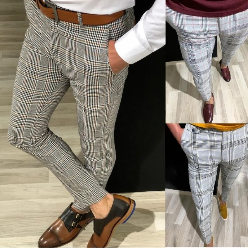 

Plaid Pants Mens Solid Color Dress Pants Harajuku Fashion Man Hip Hop Clothing Elastic Male Leisure Trousers Streetwear Slim Fit
