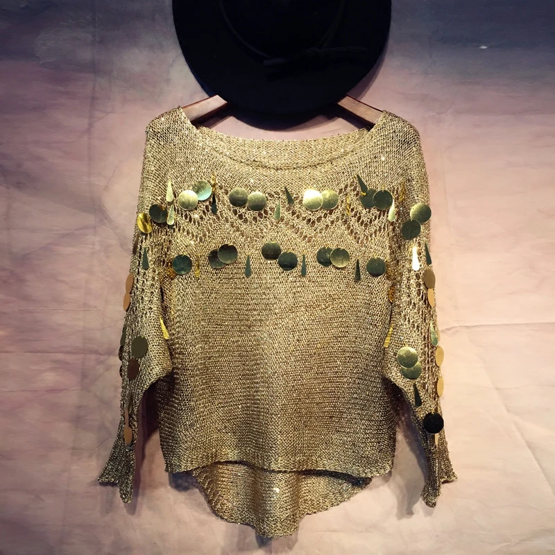 Женский крючок свитер с вырезами и блестками тонкий свободный пуловер дырками