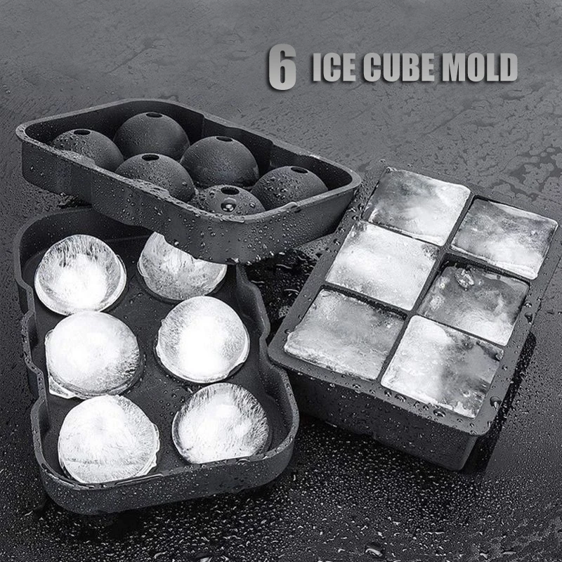 

6 Cells Ice Cube Ball Mold Big cube Large Silicone Ice Trays Ice Maker Whiskey Drinks Black Silicone Molds for Summer For bar