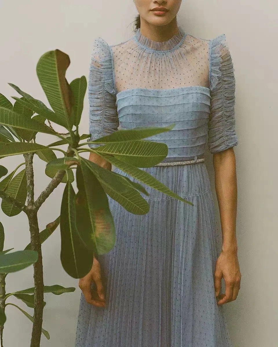 

CHICLADY ladies dresses for women clothes robe luxurious Runway puff sleeve blue elegant Lace layered Vacation Chiffon Dresses