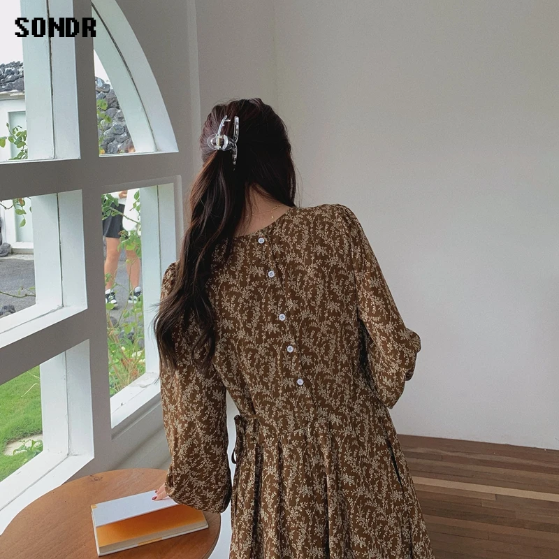 

Chiffon Floral Dress Women 2020 Autumn Clothing New Elegant Office Ladies Round Neck One-Piece Korean Dress Ladies Midi Dress