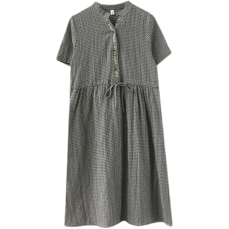 

2021 summer wear the new literary accept waist A word long big yards in the grid embroidery cotton dress