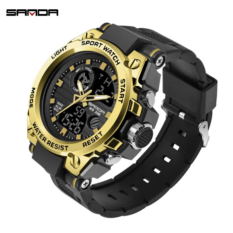 black gold Sanda золотые мужские модные многофункциональные электронные уличные спортивные часы с двойным дисплеем водонепроницаемые светящиеся цифровые часы - Цвет: black gold