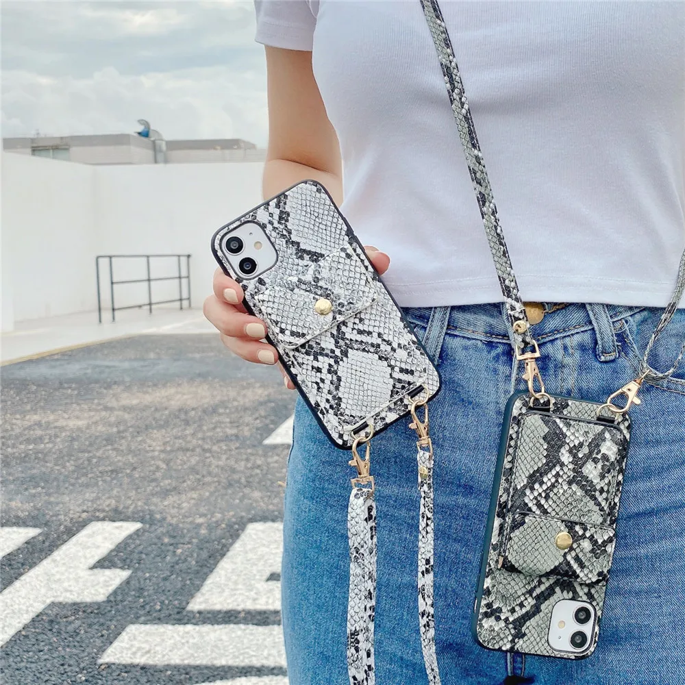 Wallet Stand Messenger Long Strap Phone Case for iphone 12 11 13 pro max Xs max XR 8 7plus Snake Skin Texture case with chain
